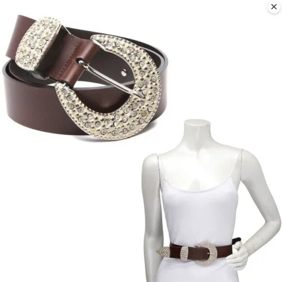 Vintage Le Chateau Leather Cowgirl Rhinestone Belt Bling Buckle Statement Brown - Picture 14 of 14
